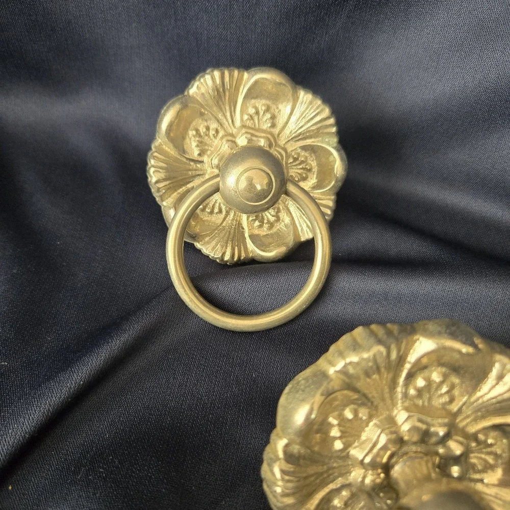 Lot of 6 Silvertone Ornate Floral Backplate w/ Central Drop Ring Drawer Pulls